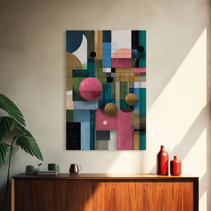 Teal Pink Geometric Architectural Collage Wall Art, Midcentury Modern Print, Bauhaus Abstract Decor, Colorful Home Office Art