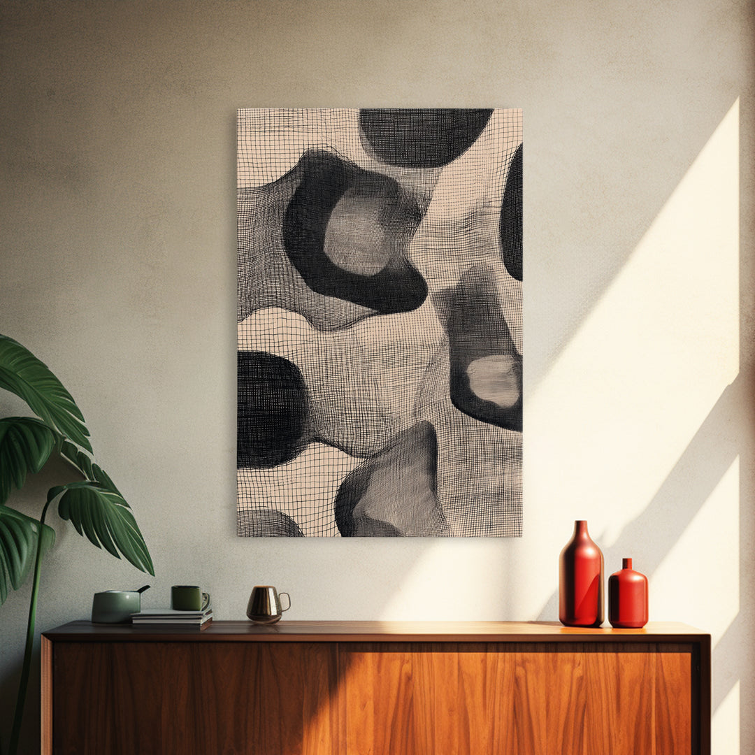 Black Beige Organic Textile Mesh Canvas Print, Minimalist Abstract Wall Art, Neutral Modern Decor, Scandinavian Home Poster