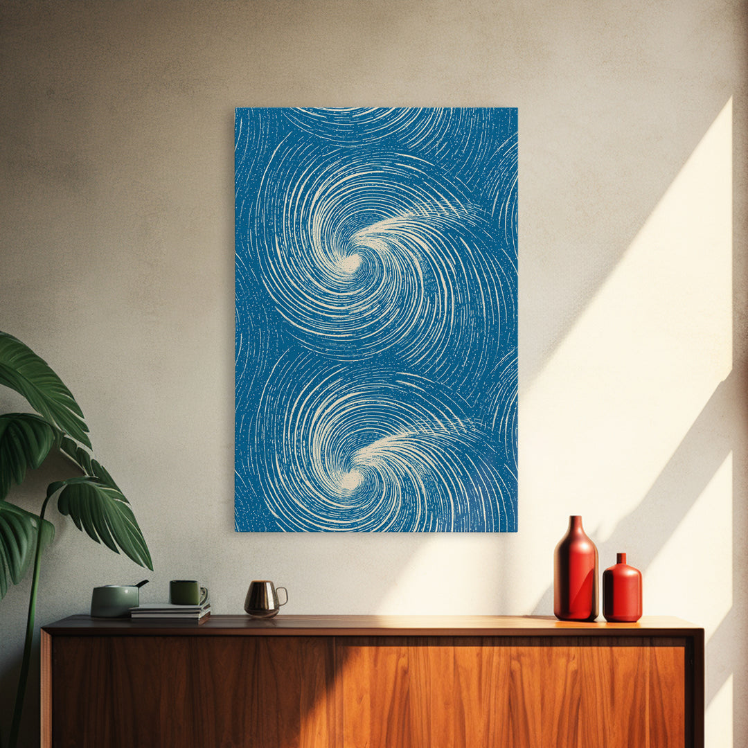Teal Cream Double Spiral Wave Abstract Canvas Print, Retro Modern Wall Art, Coastal Geometric Poster, Blue Living Room Decor