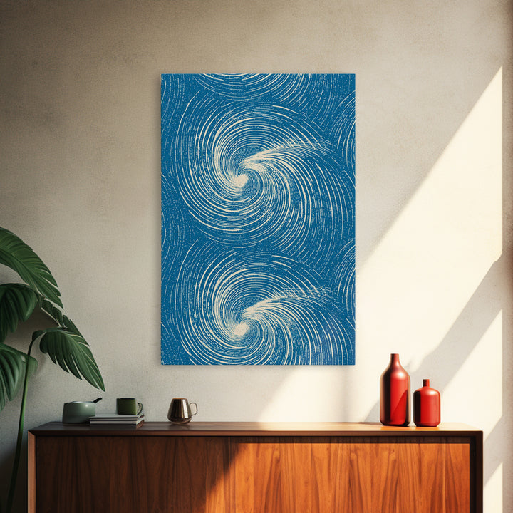 Teal Cream Double Spiral Wave Abstract Canvas Print, Retro Modern Wall Art, Coastal Geometric Poster, Blue Living Room Decor