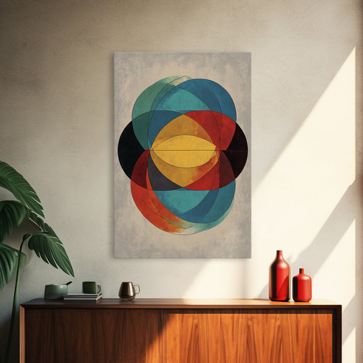 Overlapping Circles Geometric Wall Art, Midcentury Modern Abstract Canvas Print, Bauhaus Style Colorful Home Decor Poster