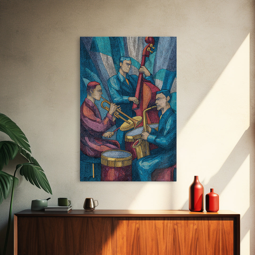Colorful Jazz Band Trumpet Bass Drums Framed Canvas Print, Midcentury Modern Wall Art, Music Room Decor, Retro Poster Gift