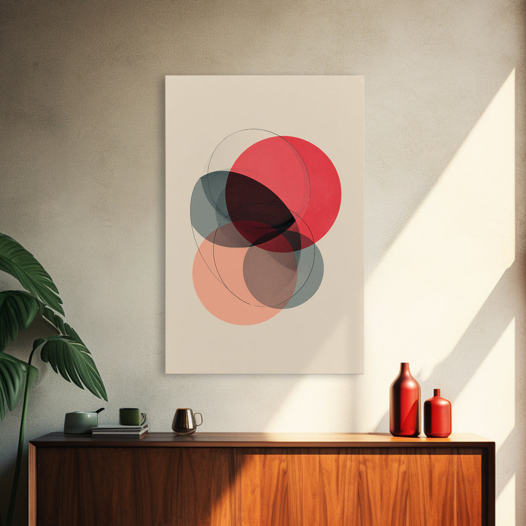 Red Peach Abstract Circles Wall Art, Minimalist Geometric Canvas Print, Midcentury Modern Decor, Neutral Bedroom Print Poster