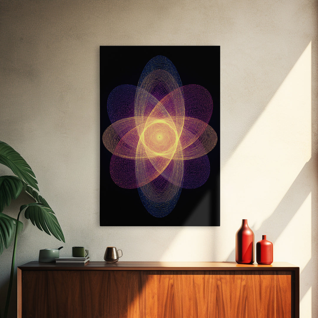 Radiant Purple Gold Atomic Flower Framed Canvas Print, Midcentury Modern Wall Art, Cosmic Geometric Art, Retro Decor Poster