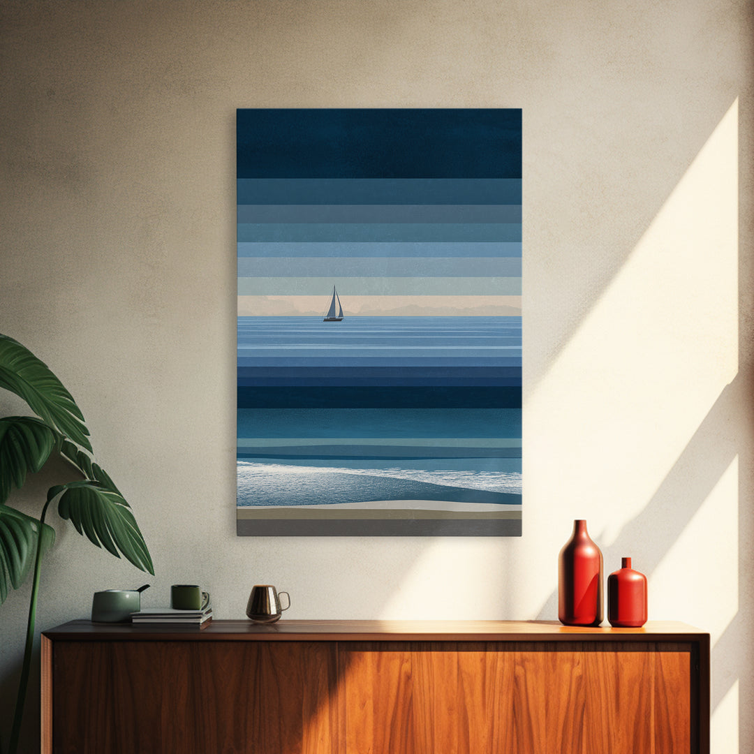 Minimal Blue Sailboat Seascape Wall Art, Coastal Landscape Art Print, Modern Wall Decor, Calm Ocean Nautical Home Decor Gift