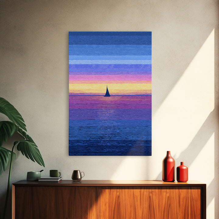 Vivid Sunset Sailboat Horizon Canvas Print, Blue Pink Coastal Wall Art, Modern Art Print, Ocean Landscape Home Decor Poster