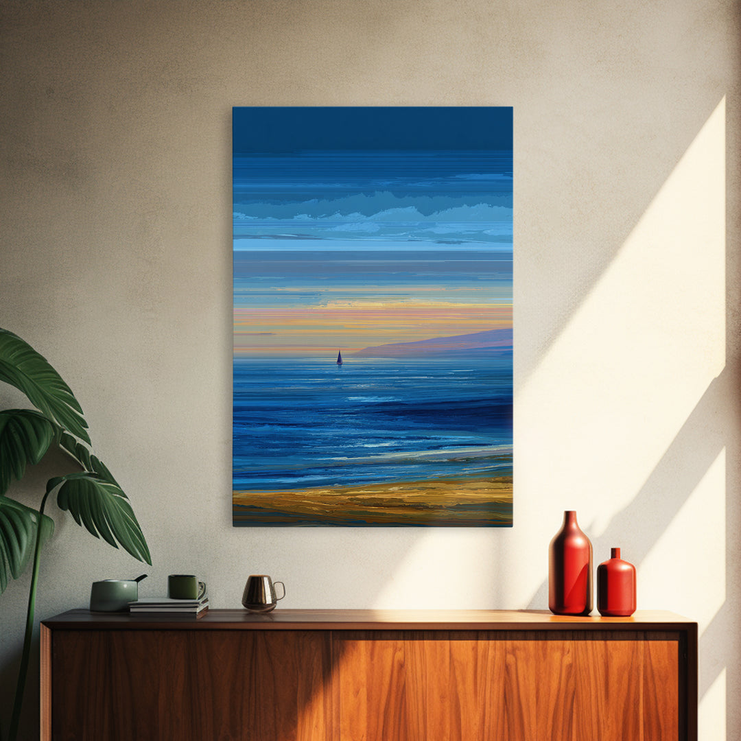 Blue Coastal Sunset Sailboat Framed Canvas Print, Ocean Beach Wall Art, Modern Landscape Art, Nautical Living Room Decor