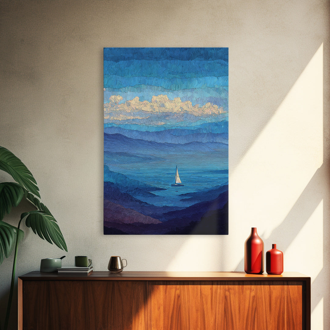 Textured Blue Mountain Lake Sailboat Wall Art, Scenic Coastal Landscape Print, Modern Home Decor, Peaceful Nature Artwork
