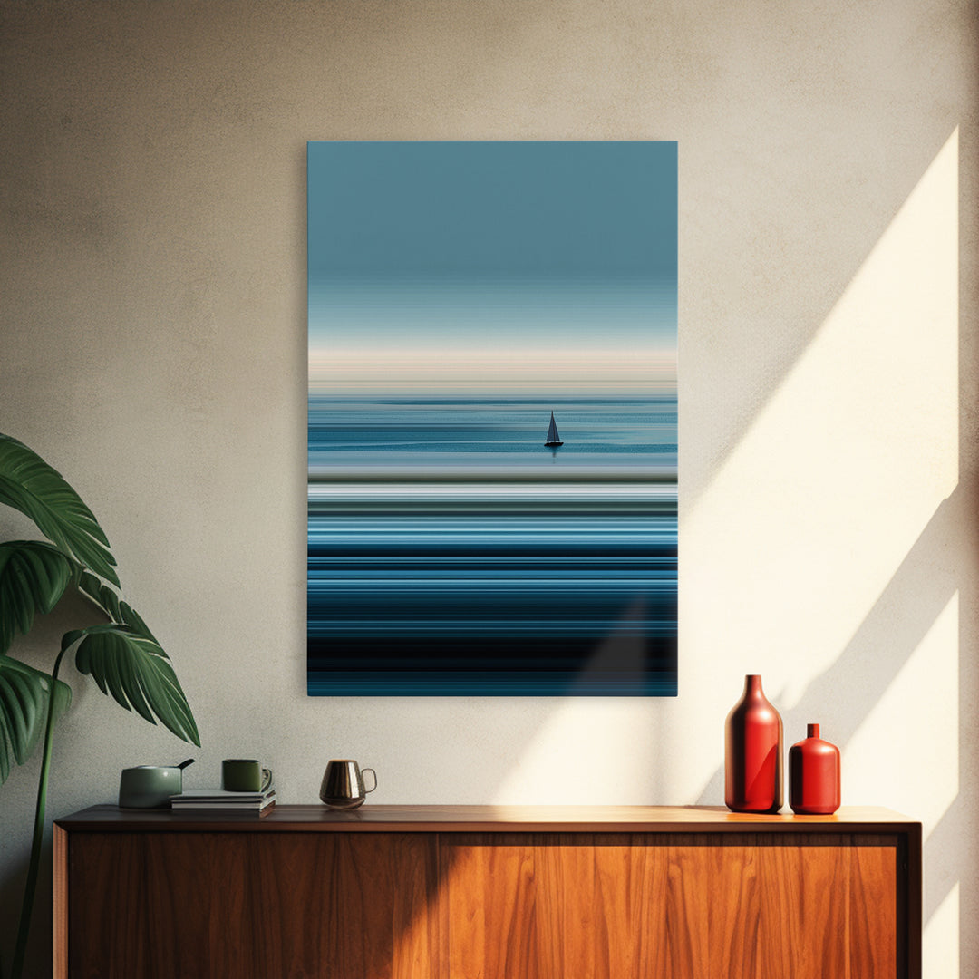 Minimalist Calm Sea Sailboat Canvas Print, Blue Horizontal Ocean Wall Art, Modern Coastal Decor, Serene Home Office Art Print