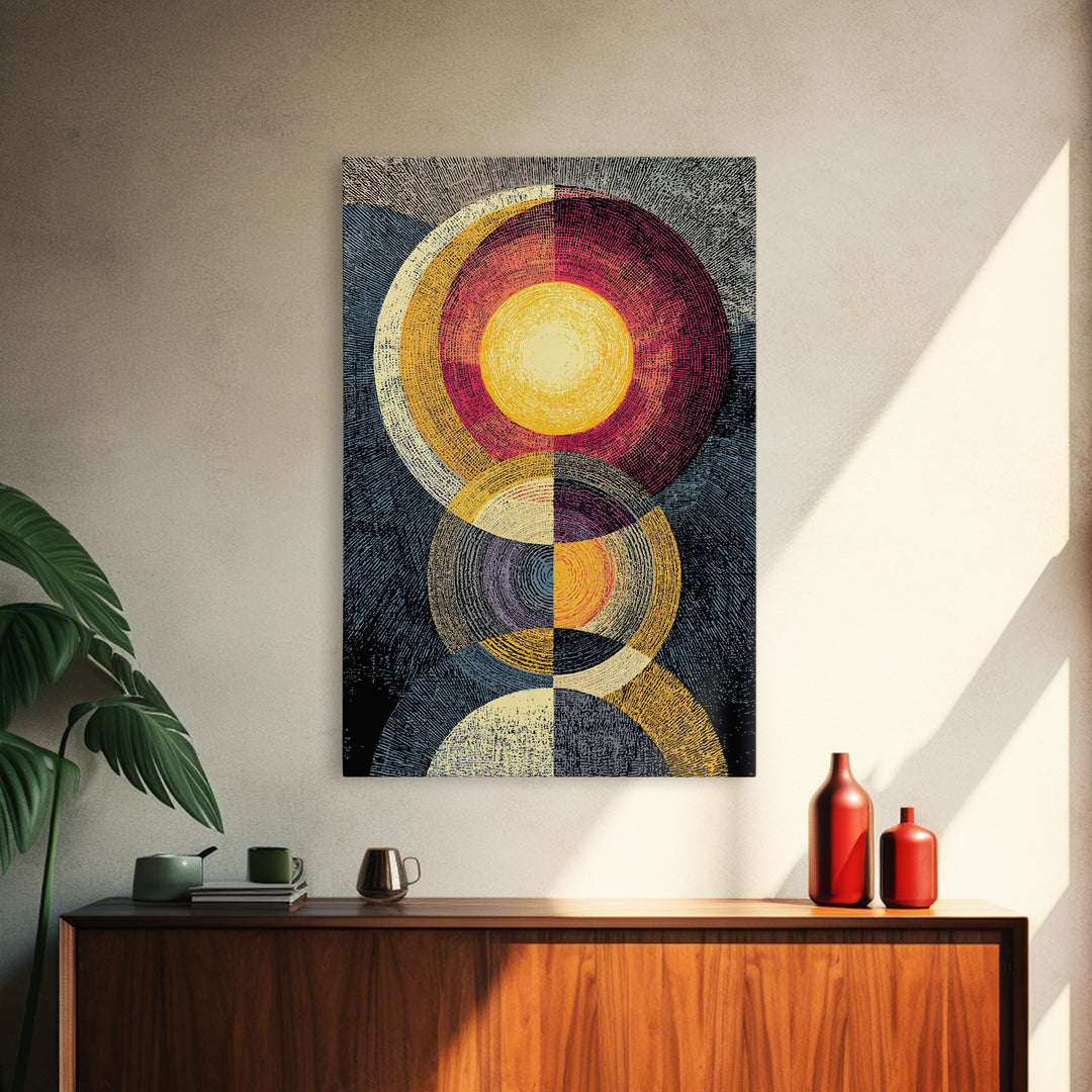 Stacked Solar Circle Geometric Wall Art, Midcentury Modern Abstract Art Print, Bauhaus Inspired Canvas Print, Retro Decor