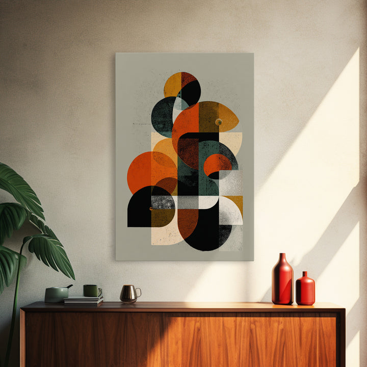 Orange Teal Midcentury Geometric Abstract Canvas Print, Modern Wall Art, Bauhaus Shapes, Retro MCM Home Decor Poster Gift