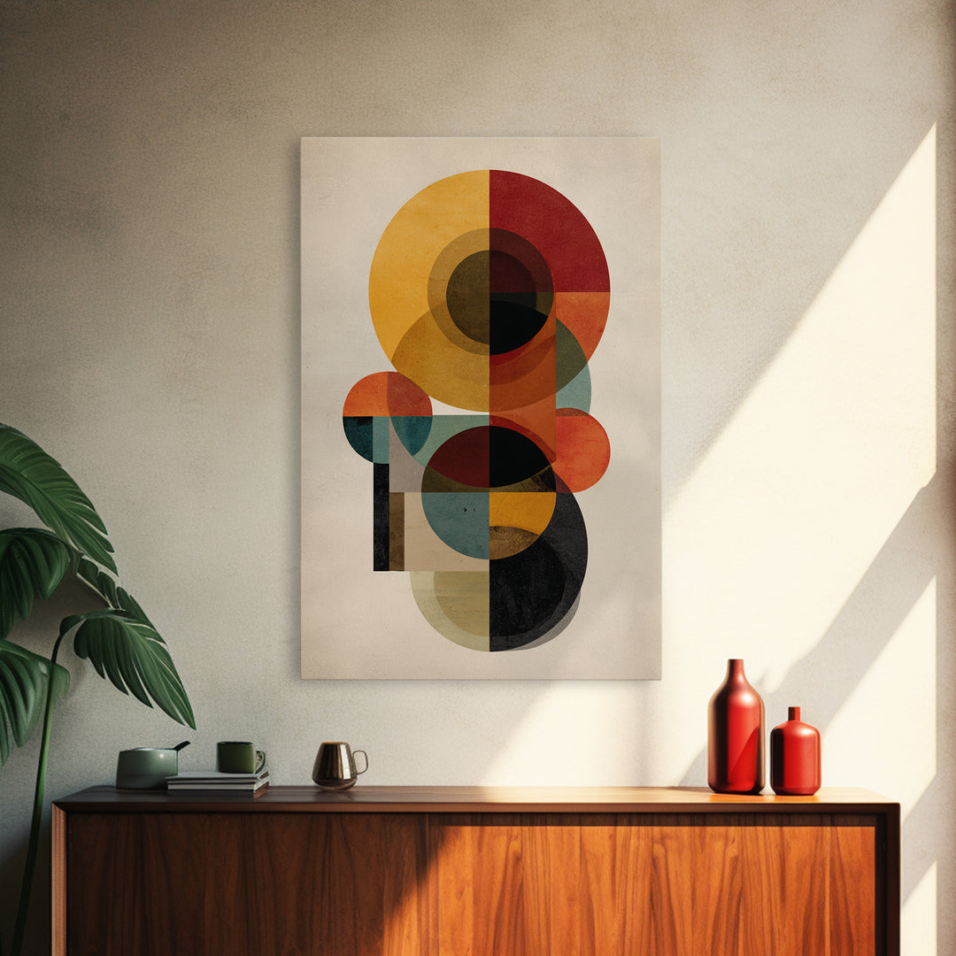 Ochre Red Teal Circle Abstract Framed Canvas Print, Midcentury Modern Wall Art, Geometric Bauhaus Home Decor Poster Print Gift
