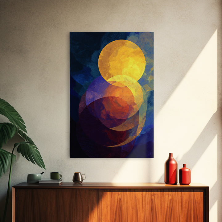 Golden Celestial Circles Abstract Wall Art, Midcentury Modern Art Print, Retro Geometric Decor, Blue Orange MCM Home Decor