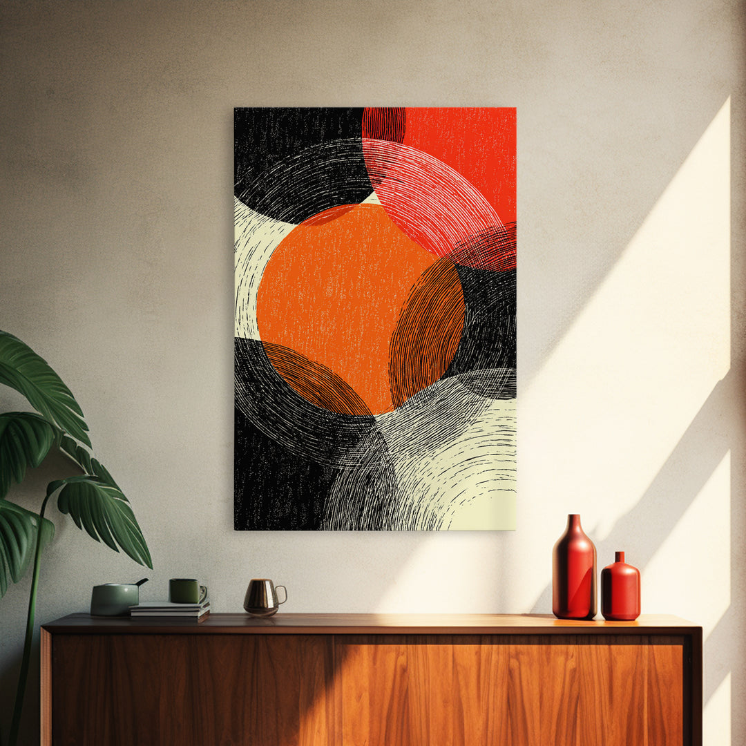 Orange Red Linear Circles Canvas Print, Midcentury Abstract Art, Retro Geometric Wall Decor, Bold Modern MCM Poster, Home Decor