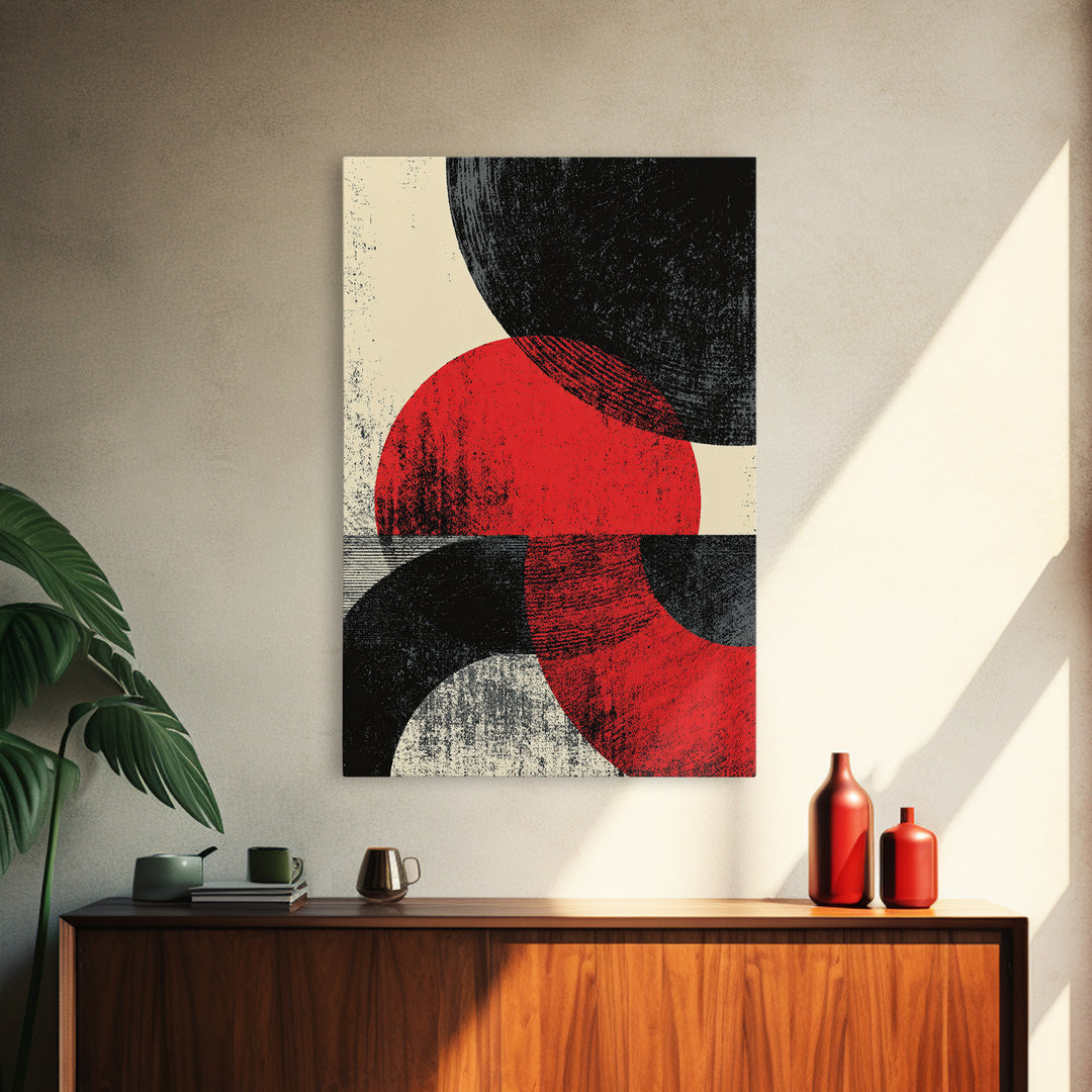 Red Black Half Moon Abstract Wall Art, Midcentury Modern Print, Retro Geometric Poster, Minimalist Bauhaus MCM Home Decor
