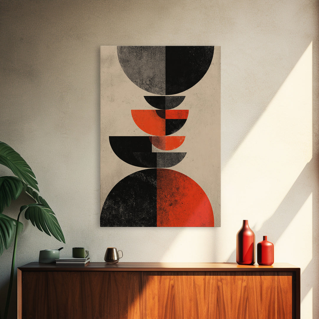 Stacked Red Black Semicircle Canvas Print, Midcentury Modern Abstract Art, Geometric Bauhaus Poster, Minimalist Decor For Living Room