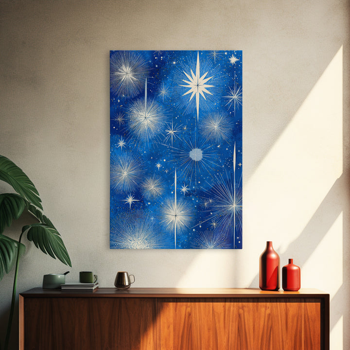 Blue Atomic Starburst Sky Wall Art, Midcentury Modern Celestial Print, Retro Space Poster, Minimalist MCM Home Decor, Blue And White