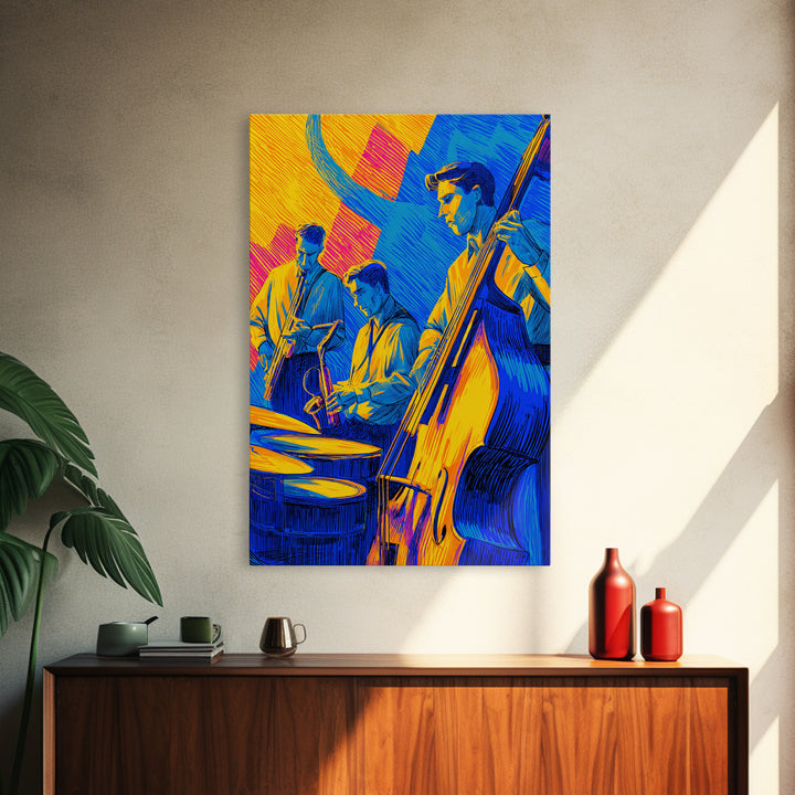Neon Blue Yellow Jazz Trio Canvas Print, Bold Modern Wall Art, Colorful Music Poster, Midcentury Decor, Large Art Print Gift