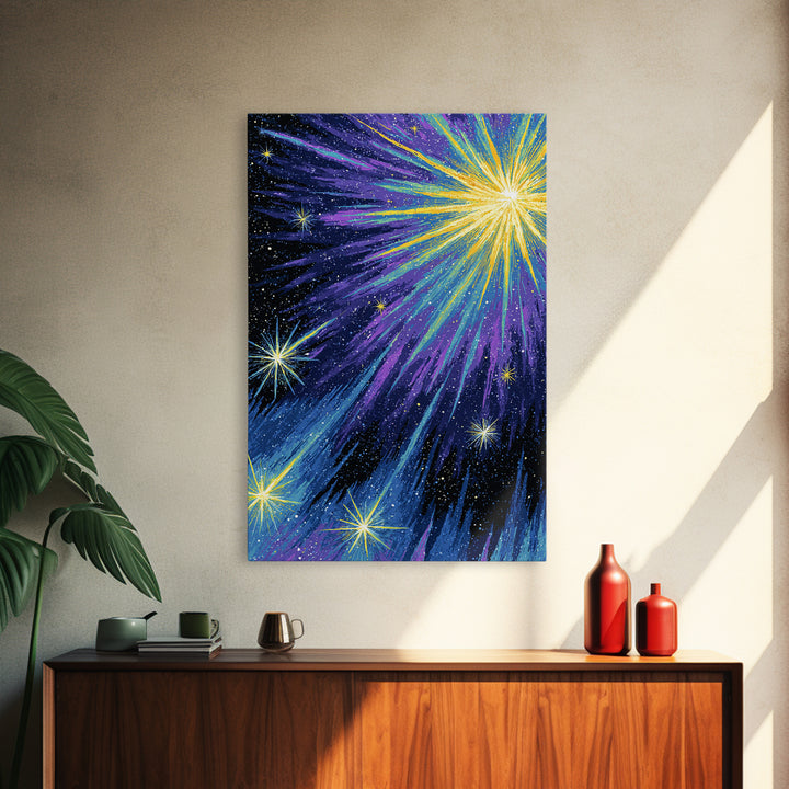 Radiant Comet Starburst Night Sky Framed Canvas Print, Cosmic Retro Wall Art, Space Abstract Art, Modern Home Decor, Gallery Wall Art