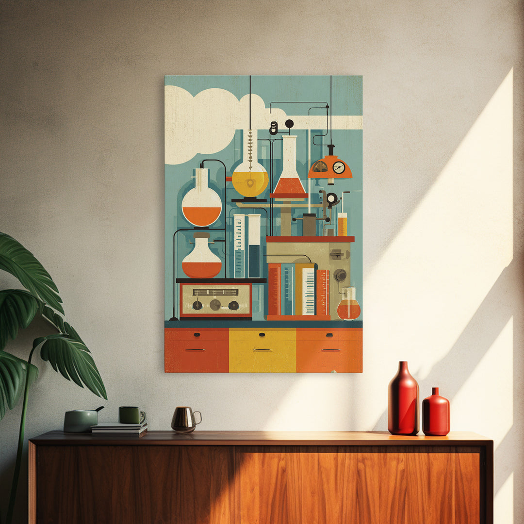 Midcentury Science Lab Beakers Canvas Print, Retro Chemistry Wall Art, Atomic Modern Decor, Office Poster, Orange MCM Art