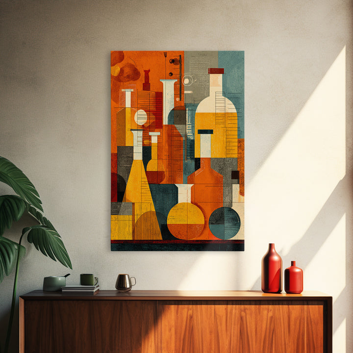 Abstract Chemistry Bottles Wall Art, Midcentury Modern Canvas Print, Atomic Science Poster, Orange Teal Office Decor, MCM Decor