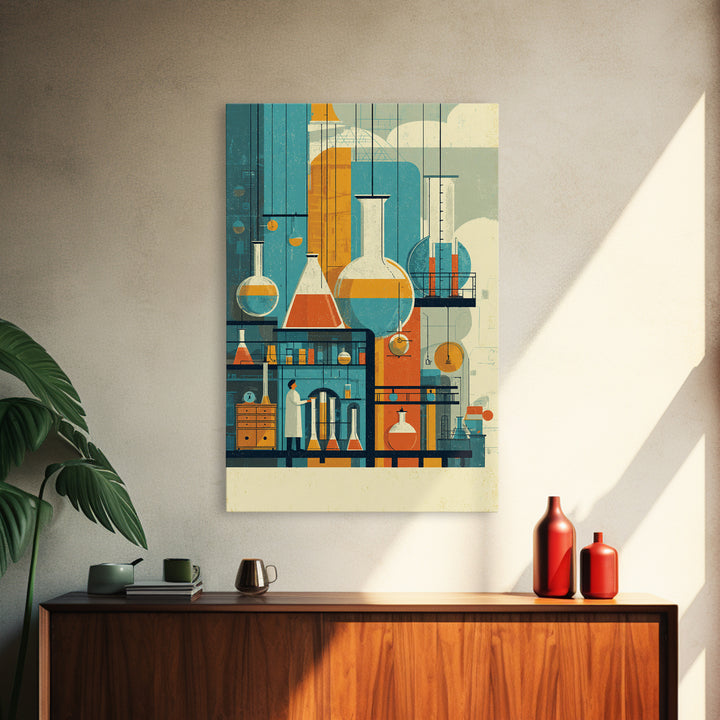 Towering Science Lab Glassware Wall Art, Midcentury Modern Canvas Print, Retro Chemistry Poster, Atomic Office Decor, MCM Art