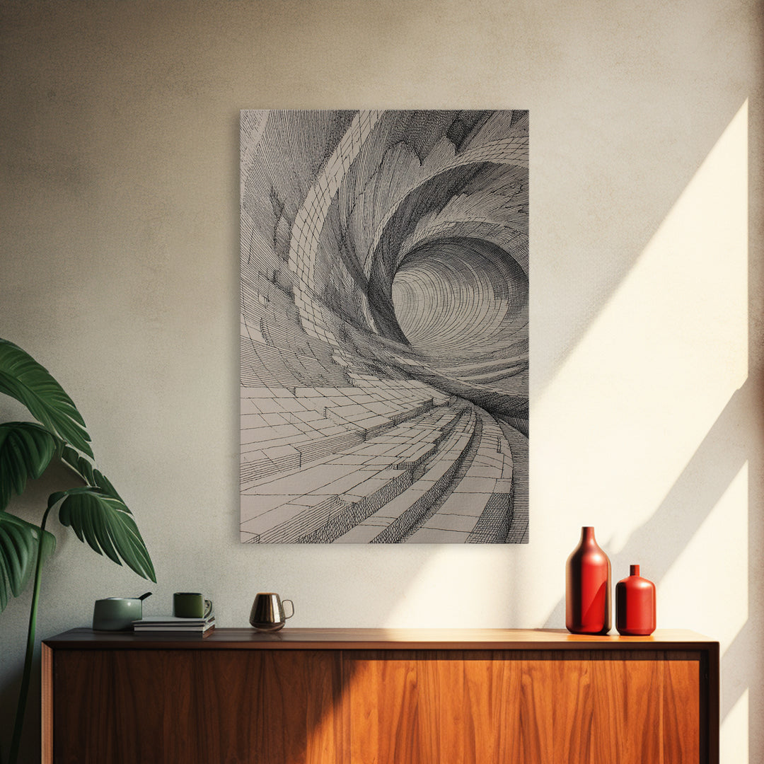 Architectural Tunnel Perspective Canvas Print, Modern Abstract Wall Art, Black Beige Geometric Lines, Office Decor Gift Print