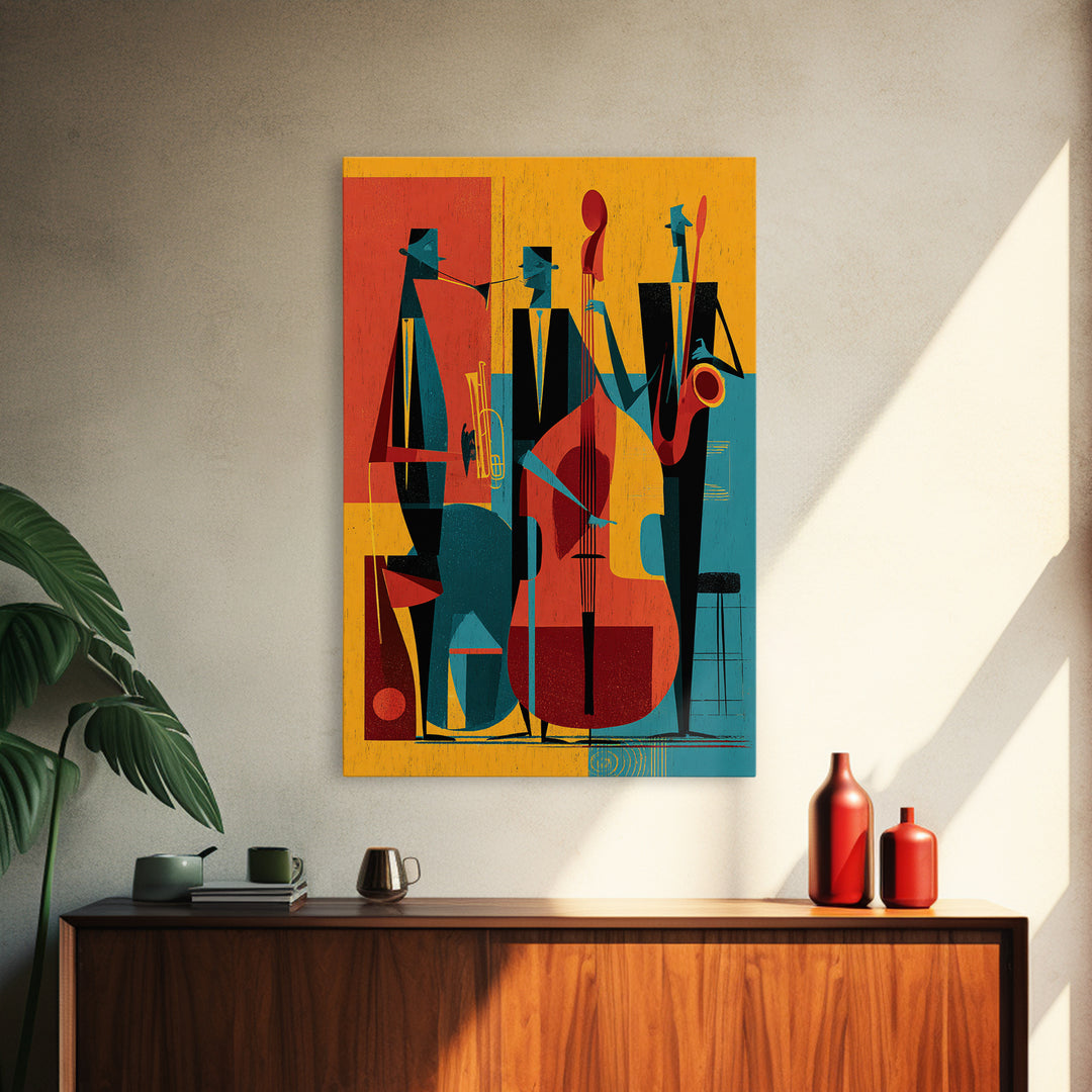 Retro Abstract Jazz Band With Bass And Saxophone Wall Art, Midcentury Modern Poster, Orange Teal Decor, Framed Canvas Print