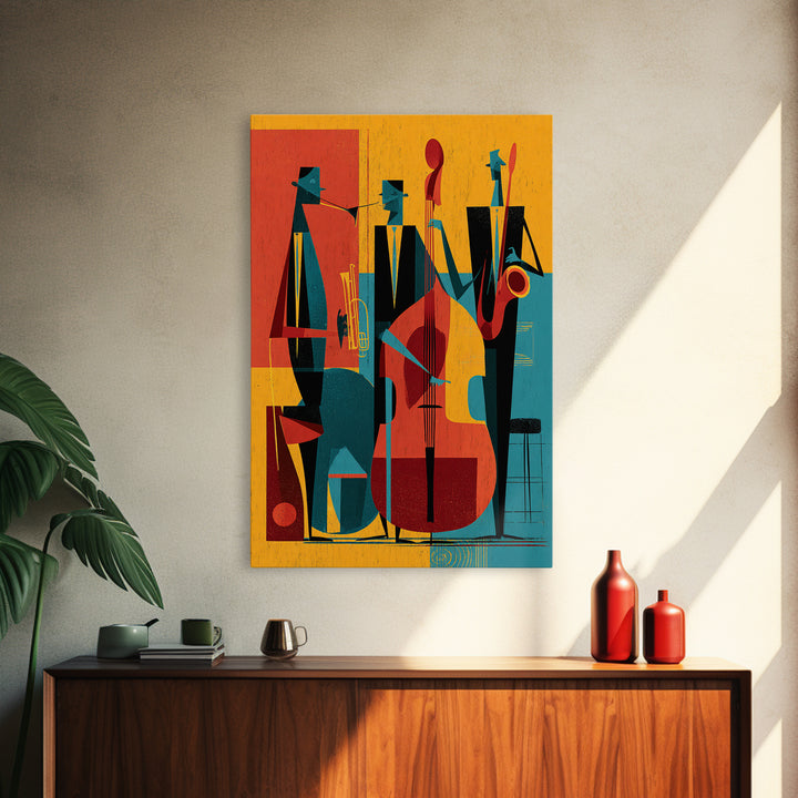 Retro Abstract Jazz Band With Bass And Saxophone Wall Art, Midcentury Modern Poster, Orange Teal Decor, Framed Canvas Print
