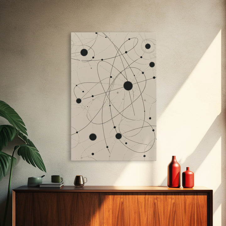 Beige Atomic Orbit Lines Canvas Print, Midcentury Modern Art Print, Geometric Wall Art, Retro Science Decor For Office Space