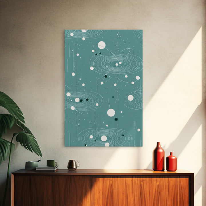 Teal Orbital Rings And Dots Wall Art, Midcentury Modern Abstract Art, Atomic Retro Poster, Space Decor For Living Room Decor