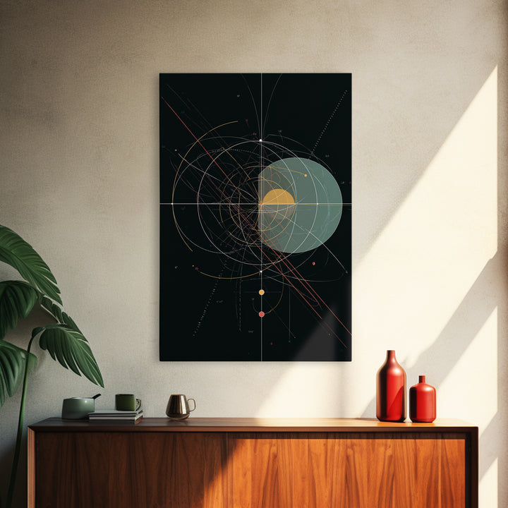 Black Celestial Geometry Diagram Canvas Print, Modern Abstract Art Print, Geometric Wall Art, Atomic Space Office Decor Poster