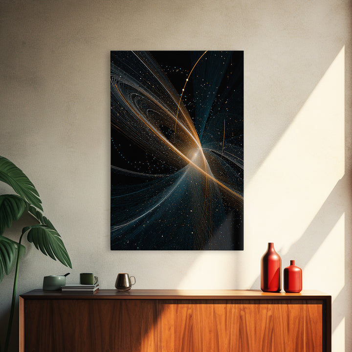 Gold And Blue Cosmic Light Trails Framed Canvas Print, Modern Abstract Wall Art, Space Decor, Large Sci Fi Retro Art Print
