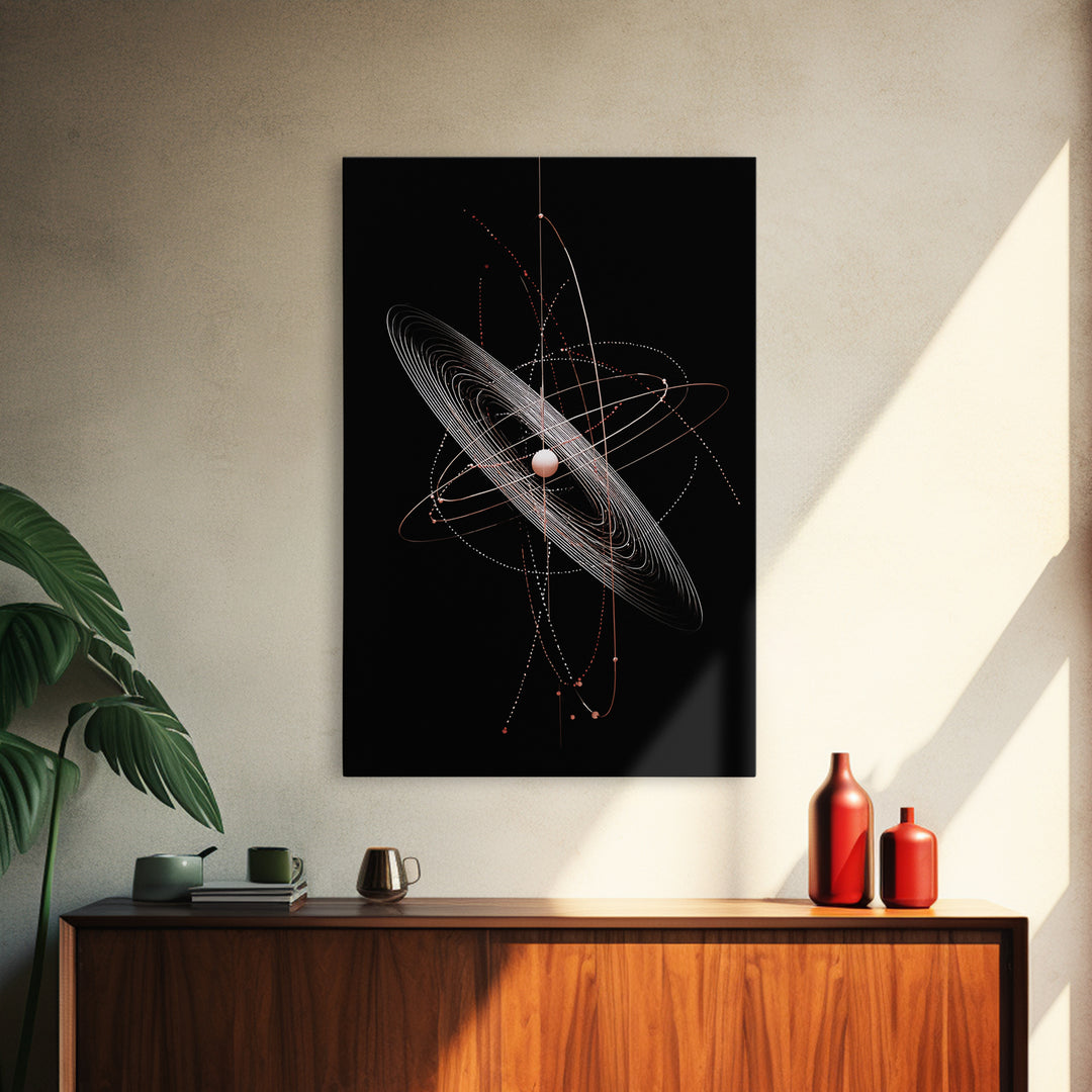 Black Ringed Planet Orbit Lines Canvas Print, Modern Geometric Wall Art, Atomic Retro Decor, Space Poster For Bedroom Decor