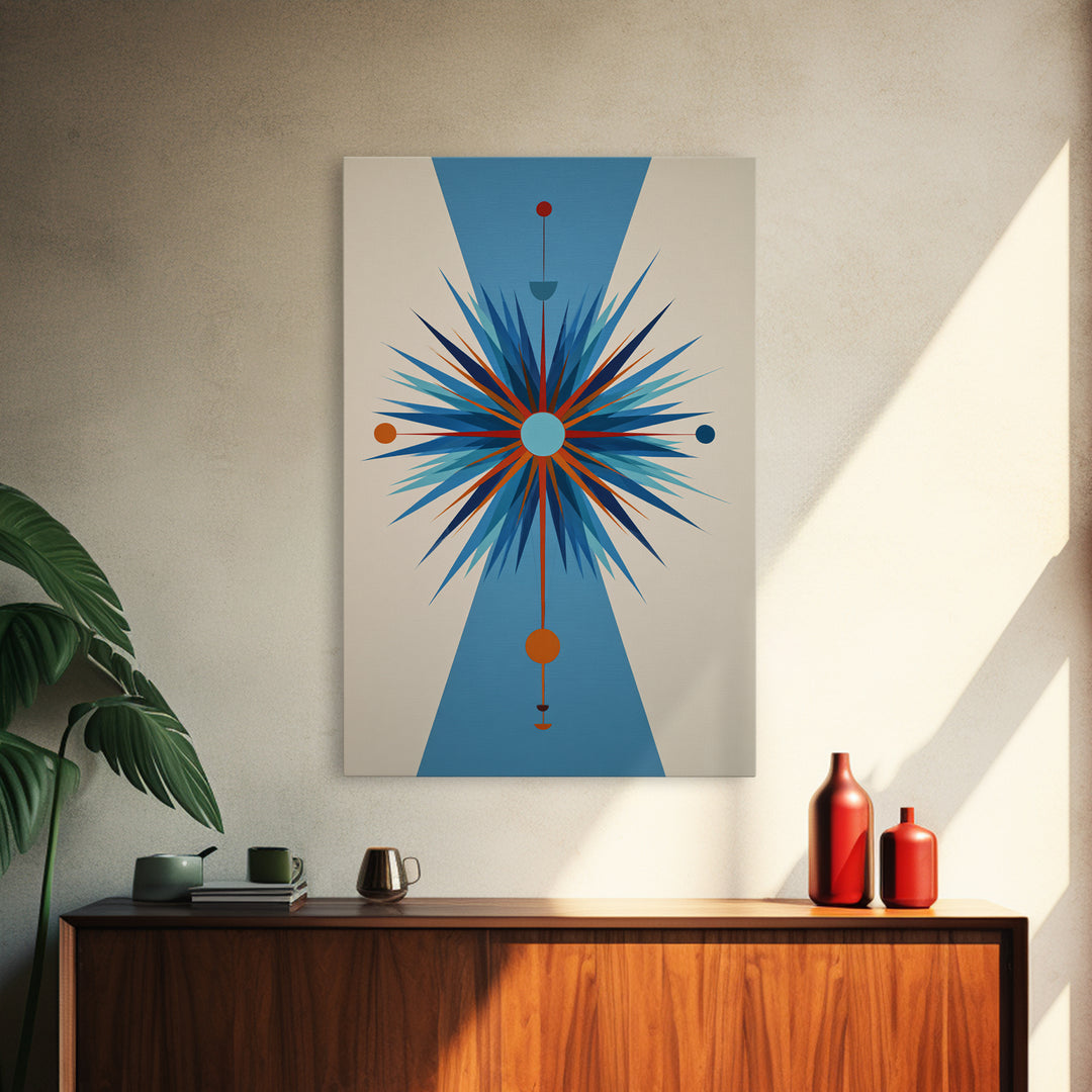 Blue Orange Atomic Starburst On Beige Canvas Print, Midcentury Modern Art, Geometric Wall Art, Retro Mcm Home Decor, 50s Art Print