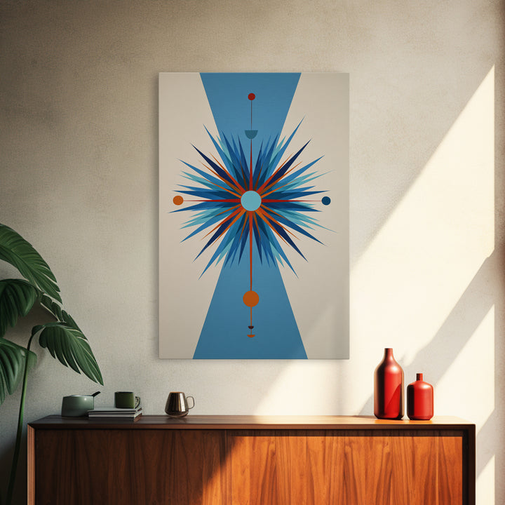 Blue Orange Atomic Starburst On Beige Canvas Print, Midcentury Modern Art, Geometric Wall Art, Retro Mcm Home Decor, 50s Art Print
