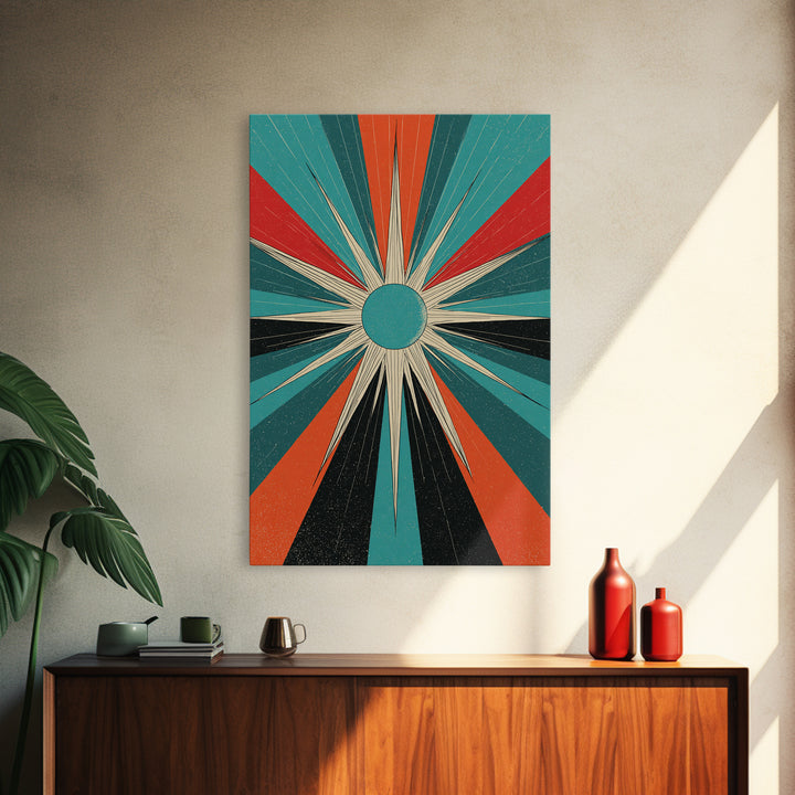 Teal Orange Retro Compass Starburst Framed Canvas Print, Midcentury Wall Art, Geometric Abstract, Atomic Mcm Wall Decor Print