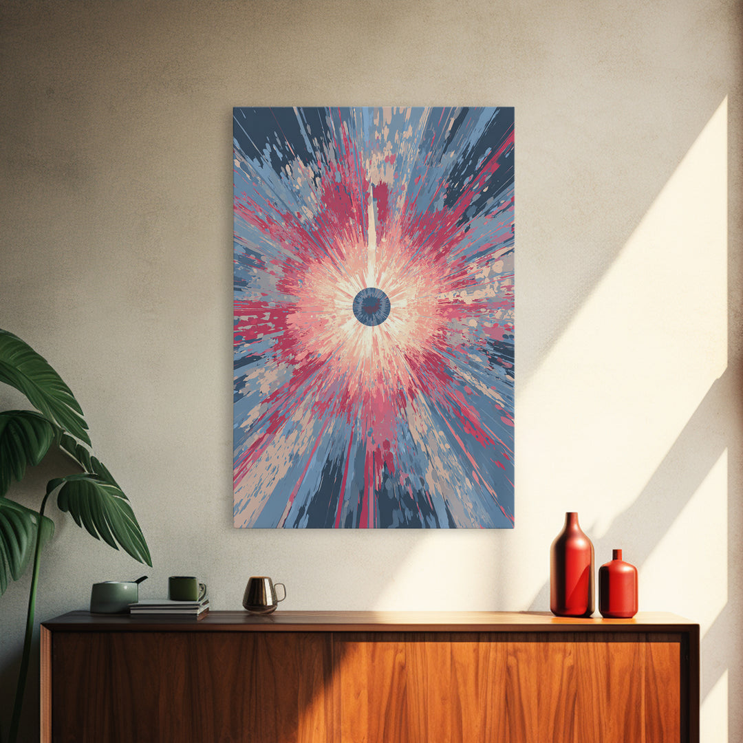 Pink Blue Exploding Starburst With Soft Rays Canvas Print, Modern Abstract Art, Colorful Wall Art, Trendy Home Office Decor