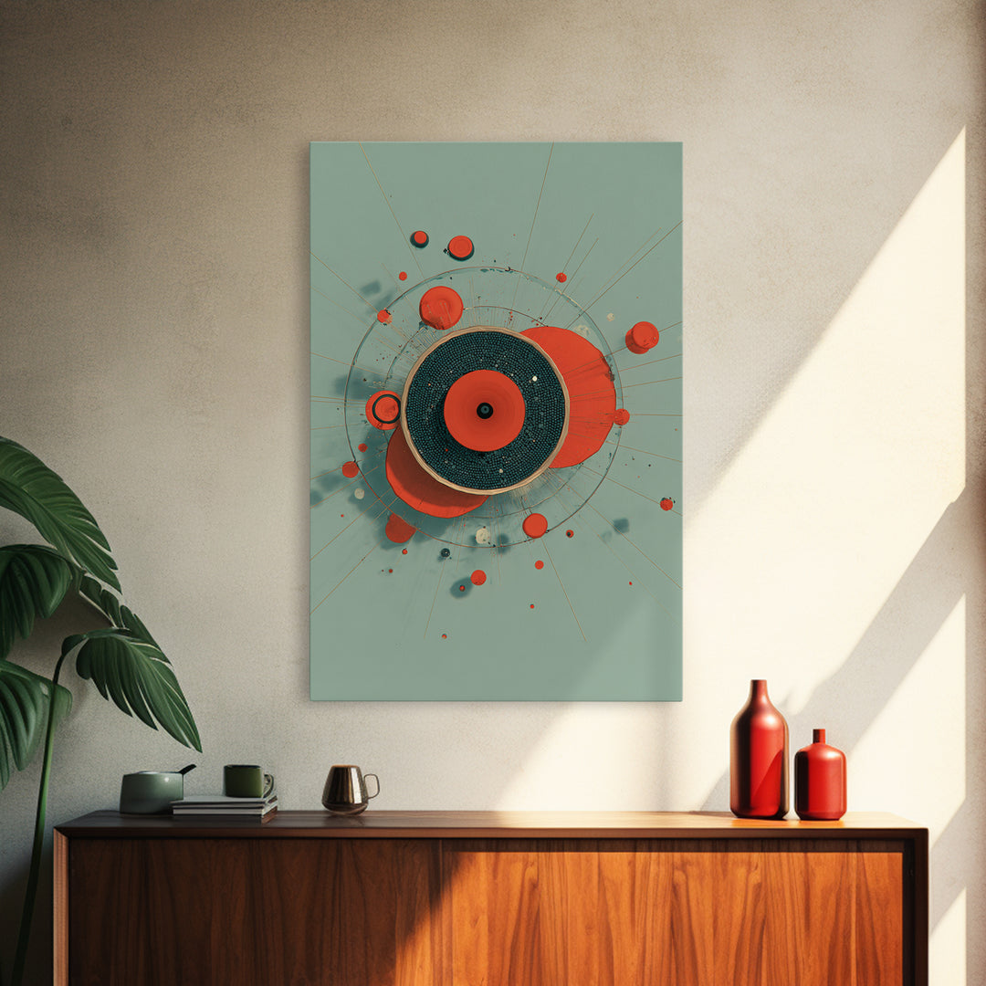 Red Teal Circular Planet Orbit Abstraction Framed Canvas Print, Modern Contemporary Art, Geometric Wall Art, Retro Home Decor