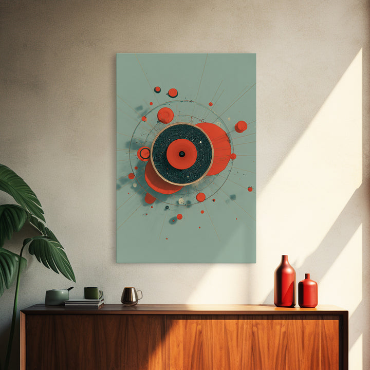 Red Teal Circular Planet Orbit Abstraction Framed Canvas Print, Modern Contemporary Art, Geometric Wall Art, Retro Home Decor