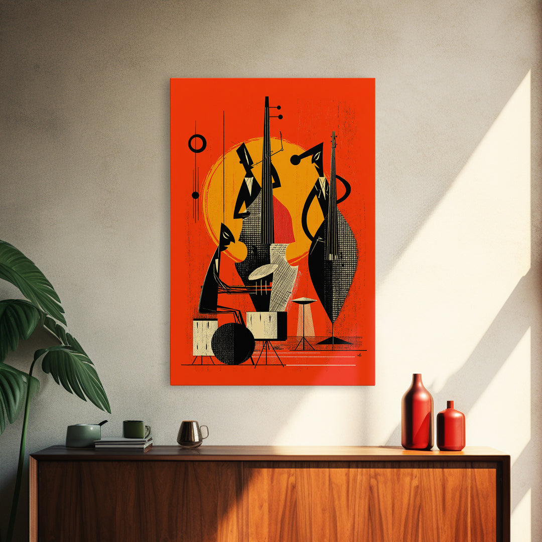 Orange Midcentury Jazz Musicians, Canvas Print, Mid Century Modern Wall Decor, Atomic Abstract Art Poster, Bold Mcm Artwork