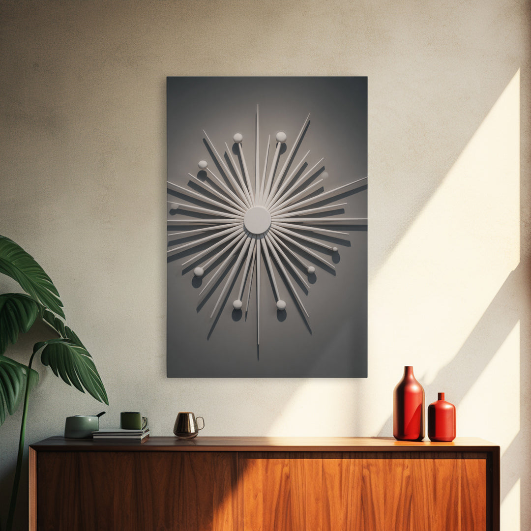 White Atomic Starburst Wall Art, Midcentury Modern Art, Retro Wall Decor, 1950s Design, MCM Home Decor Print For Living Room