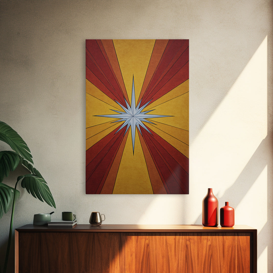 Red Gold Compass Star Canvas Print, Midcentury Modern Art, Atomic Retro Poster, Geometric Wall Decor, 1960s MCM Print Gift