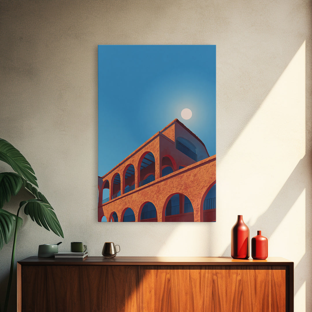 Terracotta Arcade With White Sun Wall Art, Modern Architectural Art, Palm Springs Decor, Orange Blue Travel Poster, MCM Print