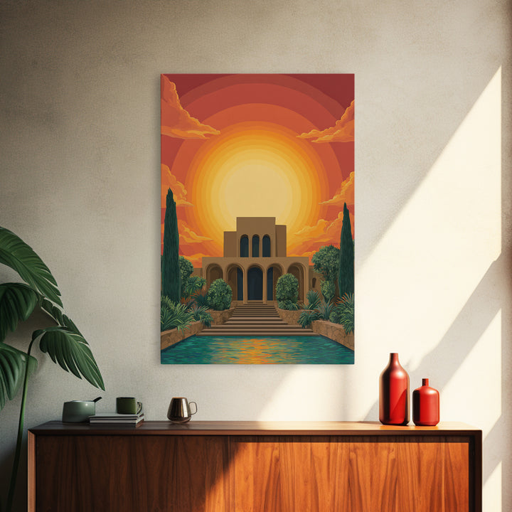 Art Deco Villa Sunset Canvas Print, Midcentury Modern Wall Art, Orange Sun Poster, Tropical Garden Living Room Decor Print