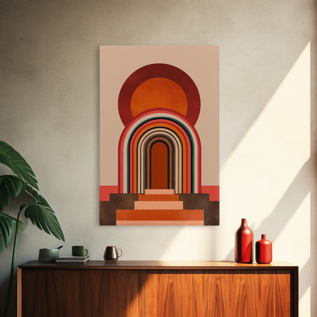 Layered Rainbow Arch Doorway Wall Art, Midcentury Abstract Poster, Geometric Wall Decor, 70s Art Print, Warm Orange MCM Style