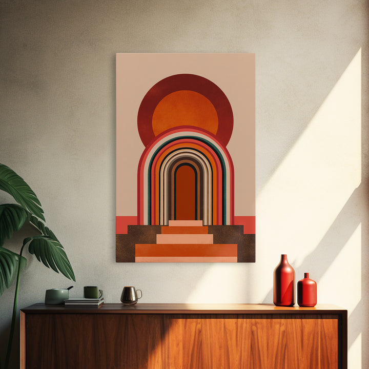 Layered Rainbow Arch Doorway Wall Art, Midcentury Abstract Poster, Geometric Wall Decor, 70s Art Print, Warm Orange MCM Style