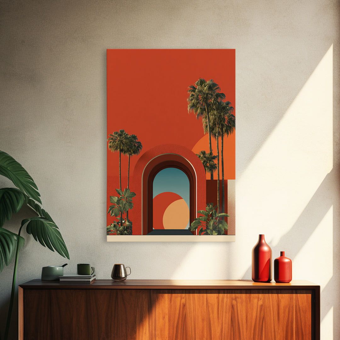 Red Orange Palm Springs Portal Wall Art, Retro Desert Print, Midcentury Modern Decor, Tropical Wall Decor, Bold MCM Poster