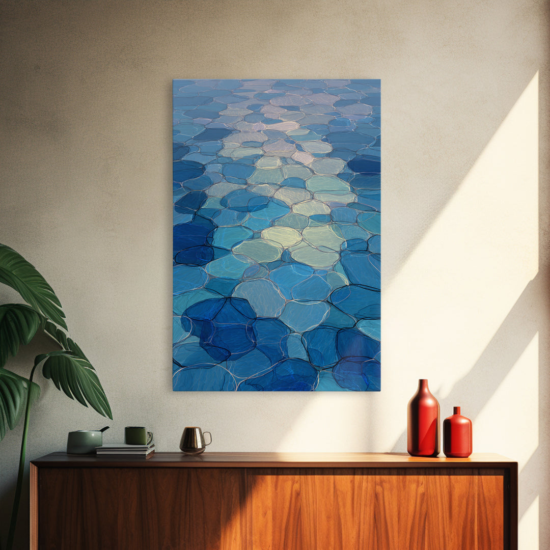 Blue Mosaic Water Path, Framed Canvas Print, Abstract Wall Art, Coastal Modern Decor, Calm Geometric Art For Bedroom And Home