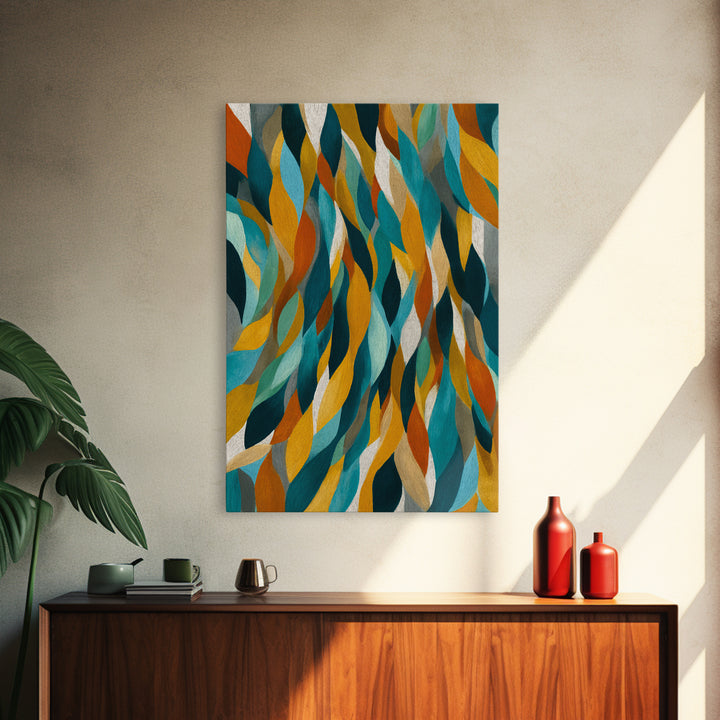 Layered Teal Mustard Leaf Abstract Wall Art, Mid Century Modern Canvas Print, Retro Geometric Statement Living Room Decor